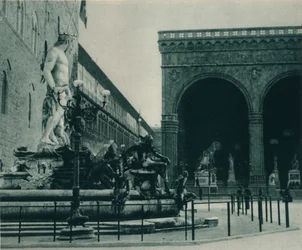 Bartolomeo Ammanati Neptun-kútja és a Loggia dei Lanzi, Firenze, Olaszország, 1927