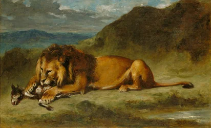 Oroszlán felfal egy kecskét, 1850 körül (olaj, vászon)