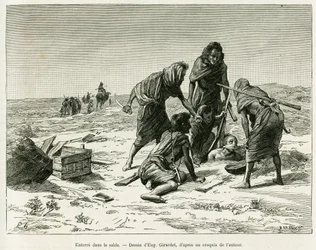 Eltemetés a homokban. Eugène Girardet metszete Camille Douls Öt hónap a Nyugat-Szahara nomád mórjai között című, 1887-es történetének illusztrálására, a Le Tour du monde 1888-ban, Édouard Charton (1807-1890) irányítása alatt, Hachette, Párizs.