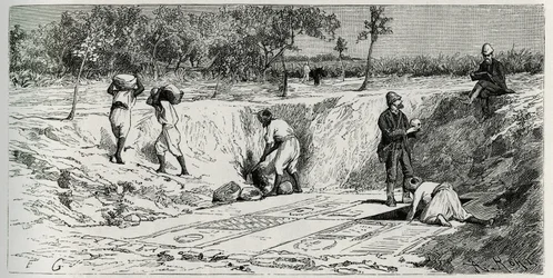 Ásatások a lamtai keresztény temetőben, mindkét küldetéssel. Eug.Girardet metszet, Rene Cagnat „Utazás Tunéziába” című történetének illusztrálására