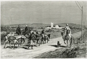 Az utánfutónk költözik. Eugene Girardet metszet, a „Voyage en Tunisie” című történet illusztrálására, Rene Cagnat (1852-1937) történész és Henri Saladin (1851-1923), építész, 1882-1883-ban a Közoktatási Minisztérium megbízásából. Megjelent i