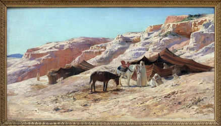 A tábor, Eugene Girardet (1853-1907) olajfestménye vászonra, arab utazók (beduinok) tábora a dűnéken. Homályos. 50x60 cm. Fényképészet, KIM Youngtae, Nantes, Musee des Beaux Art de Nantes.