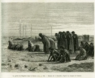 A maghrebi ima a Szaharában. J. Girardet metszete Camille Douls 1887-es, Öt hónap a Nyugat-Szahara nomád mórjai között című elbeszélésének illusztrálására, a Le Tour du monde 1888-ban, Édouard Charton (1807-1890) szerkesztésében, Hachette, Párizs