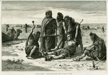Bilincsek a lábakon. Eugène Girardet metszete Camille Douls 1887-es, „Öt hónap a Nyugat-Szahara nomád mórjai között” című elbeszéléséhez, a Le Tour du monde 1888 című kiadványban, Édouard Charton (1807-1890) szerkesztésében, Hachette, Párizs.