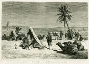 Utazótábor Tozeur környékén. Eugene Girardet metszete a Voyage en Tunisie című történet illusztrálására, R. Cagnat és H. Saladin, in le tour du monde 1886, rendező: Edouard Charton (1807-1890), Hachette, Párizs.