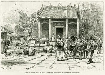 Konferenciák Pagoda, Monkay. Eugene Burnand metszete a Sur les frontières du Tonkin című történet illusztrálására, Doctor P.Neiss, in le tour du monde 1888, rendező: Edouard Charton (1807-1890), Hachette, Párizs.