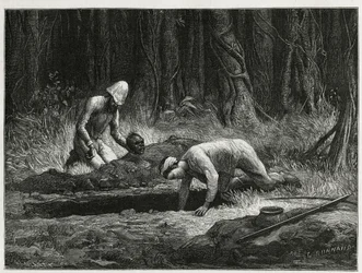 Dr. Harmand és Annamita segítője, akik titkos exhumálást végeztek Khas temetkezéseiről Attopeuban (Laosz), Eugene Burnand metszetét, hogy illusztrálja Laosz történetét és Indokína vadon élő populációit Dr. Harmand 1877-ben, és megjelent a körútban. du