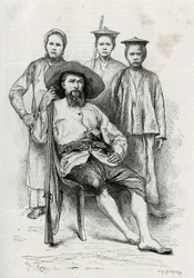 A szerző portréja, körülveszi útitársait. Eugene Burnand metszete Dr. P.Neis „Utazás Felső-Laoszban” című történetének illusztrálására 1880-ban. Megjelent a Le Tour du monde, nouveau Journal des voyages, 1885. évi 2. félévben, szerkesztette Edou
