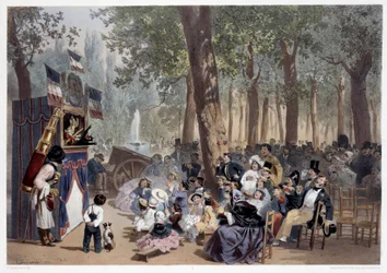 A guignolok bemutatója a párizsi Champs Elysees-n a XIX. Eugene Guerard (1821-1866) nyomatai 19. századi Párizs, Musee Carnavalet