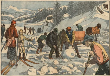 Az alpesi lakosok télen jégtömböket gyűjtenek a nyárra. A háttérben férfiak téli sportokat űznek. Damblans illusztráció. A december 18-i „” Le Pelerin”-ben