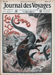 A krokodilokat felfalják a cápák. Camille Debans (1834-1910) Damblans illusztrációja: „Padarnac kapitány tizennégy kajmánja”. Egy újság. Metszet az 1907-es „” Journal des Voyages”-ban.