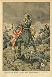Illusztráció Eugene Damblansról (1865-1945) a Le Pelerinben, 05.01.01 - Egy orosz tizedes, aki japán zászlót tép a Port Arthur előtt - Oroszország, Japán, Port Arthur, orosz-japán háború, harcok, puskák - katonák, Tizedes