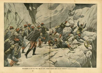 Illusztráció Eugene Damblansról (1865-1945) a Le Pelerinben, 04.03.06 - Lavina a Pare-hágónál, az Alpokban, több halálesetet okozva a gyalogság 157. számánál - Különféle tények, Armee, hegymászás, gyalogság , Alpok, Lavina - Katona