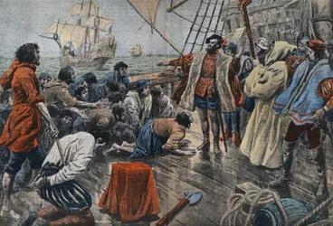 Illusztráció Ferdinand de Magellan legénységéről, amint hűséget esküdnek neki egy kereszten egy sikertelen zendülést követően – Fernand de Magellan (1480-1521), portugál navigátor csillapítja legénységének egy lázadását, és miután megbocsátott neki, hűsége