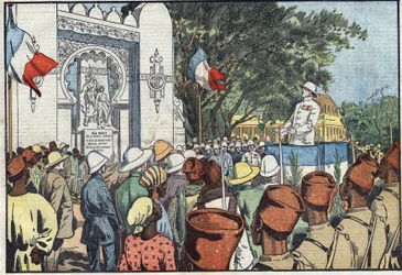 Andre Maginot (1877-1932), gyarmatügyi miniszter Dakarban felavatták a francia Nyugat-Afrika harmincezer halottjának emlékművét. Damblans illusztráció. A március 10-i „” Le Pelerin”-ben