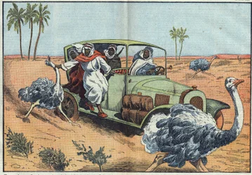 Modern vadászat: Az arab sivatagban a gazdag beduinok fiatal osztrákokat hajtanak, hogy élve elfogják őket. Damblans illusztráció. Az április 16-i „” Le Pelerin”-ben