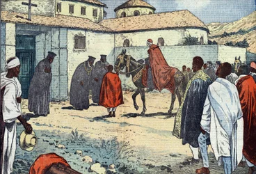 Monsignort Lepicier Mária szerviták rendjéből, Tarsus érsekét a debre-bizeni kopt kolostorban fogadták Abesszíniában (Etiópia) tett apostoli látogatás alkalmával. Damblans illusztráció. Augusztus 21-i "" Le Pelerin" -ben