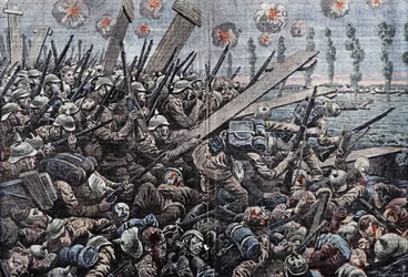 Háború 1914-1918. Belgium frontja 1914. Német katonák az Yseren. Damblans rajza.