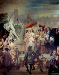 Pierre Puget (1620-1694) a versailles-i kastély kertjében mutatja be Milon of Crotone szobrát XIV. Lajosnak (1638-1715). Eugene Deveria (1808-1865) festménye