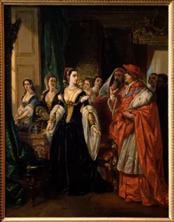 VIII. Henrik válása: Thomas Wolsey bíboros (1475-1530) és Aragóniai Katalin (1485-1536) 1533-ban - William Shakespeare „Nyolcadik Henrik király életének híres története” című darabjának jelenete – Eugene festménye Deveria (1808-1865)