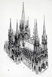 Egy ideális katedrális izometrikus nézete, Eugène Emmanuel Viollet-le-Duc (1814-1879) rajza a Francia építészet szótára a 11. századtól a 16. századig című műből
