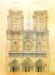 A párizsi Notre-Dame-székesegyház nyugati homlokzatának helyreállítási terve, a kereszthajó feletti torony rekonstrukciójával, 1843