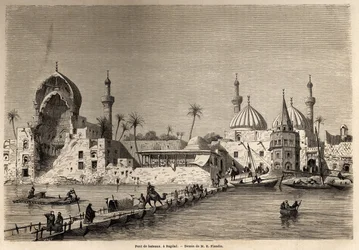 Hajóhíd Bagdadban, Eugène Flandin (1809-1876) rajza, amely 1840-1842-es mezopotámiai utazását illusztrálja. Metszet a „Le Tour du Monde” 1861-es kiadásában. Selva gyűjteménye.