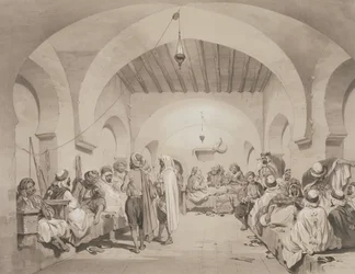 Cafe du Divan, Algír, az Algírt 1830-ban elfoglaló francia expedíciós csapat emlékére készült kötetből, Adolphe Jean-Baptiste Bayot (1810-66) metszetében