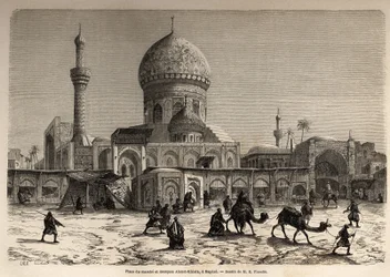 A Marche tér és az Ahmet Khiaia mecset Bagdadban, Eugene Flandin (1809-1876) rajza az 1840-1842-es mezopotámiai utazás szemléltetésére. Metszet „” Le tour du monde”” 1861. Selva gyűjteményében.