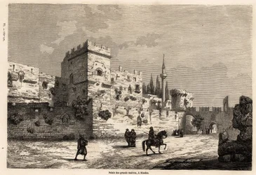 A nagy mesterek rodoszi palotája, Eugene Flandin rajza, 1844-ben Rodosz szigetére tett utazásának illusztrálására. Metszet a „Le tour du monde”-ban, szerkesztette Edouard Charton