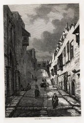 A rhodes-i rue des chevaliers rajza Eugene Flandin 1844-es Rodosz szigetére tett utazásának illusztrálására. Metszet a „Le tour du monde”-ban, szerkesztette Edouard Charton