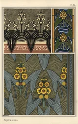 Nyílhegy, Sagittaria sagittifolia, mint tervezési motívum hímzésben, ólomüvegben és szövetmintákban