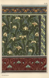 Hóvirág, Galanthus nivalis, mint design motívum tapétákon, szegélyeken és szöveteken