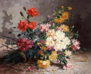 Csokor szegfű. Eugene Henri Cauchois (1850-1911) festménye Magángyűjtemény.