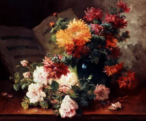 Krizantémok és rózsák. Eugene Henri Cauchois (1850-1911) festménye Magángyűjtemény.