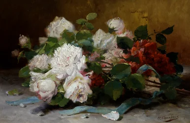A rózsacsokor. Eugene Henri Cauchois (1850-1911) festménye Magángyűjtemény.