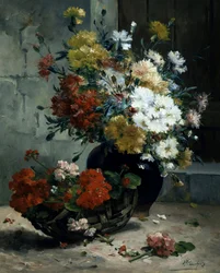 Nyári virágok (muskátlik és százszorszépek) csendélete. Eugene Henri Cauchois (1850-1911) festménye Magángyűjtemény.
