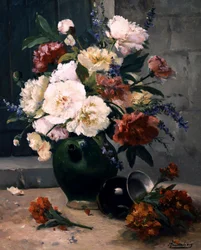 Csendélet bazsarózsából és szegfűszegből. Eugene Henri Cauchois (1850-1911) festménye Magángyűjtemény.