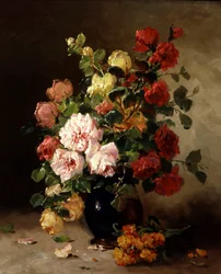 Csendélet rózsából és szegfűszegből. Eugene Henri Cauchois (1850-1911) festménye Magángyűjtemény.