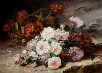 Rózsa és szegfűszeg. Eugene Henri Cauchois (1850-1911) festménye Magángyűjtemény.
