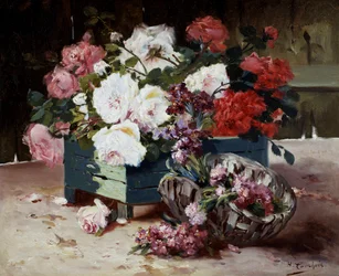 Piros és rózsaszín rózsák. Eugene Henri Cauchois (1850-1911) festménye Magángyűjtemény.