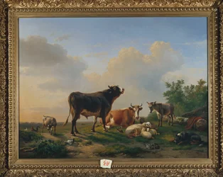 Bika, tehén, szamár, kecske, juhok és baromfi tágas tájban, 1849