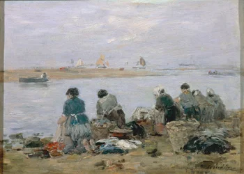 Mosók a Touques folyó partján Trouville közelében, Eugene Boudin festménye