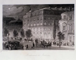 Animáció a párizsi boulevard des Italians színházai körül. Eugene Louis Lami (1800-1890) metszete 1843 Magángyűjtemény