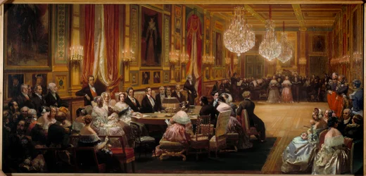 Aubert az Opera comique énekeseit vezényli I. Lajos Fülöp (1773-1850), a királyi család, Viktória királynő és Albert herceg előtt. Eugene Louis Lami (1800-1890) festménye 1844 V. 0,83x1,72 m