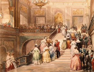 I. Lajos Fülöp király (1773-1850) és Marie Amélie de Bourbon királyné (1782-1866) fogadta a vendégeket a Versailles-i Múzeum 1837-es felavatása alkalmából. Eugène Lami (1800-1890) illusztrációja.