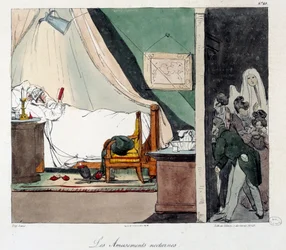 Éjszakai szórakozás. A gyerekek félnek megijeszteni az ágyban olvasó embert. A „La vie de chateau” című könyv illusztrációja. Eugene Louis Lami metszete (1800-1890)