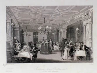 Kilátás a párizsi Palais Royal közelében található „Les trois freres provencaux” étterem belsejére. Eugene Louis Lami (1800-1890) metszete 1843 Magángyűjtemény