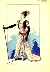 Jelmez a " A pletyka " című darabhoz. 1889 (metszet)