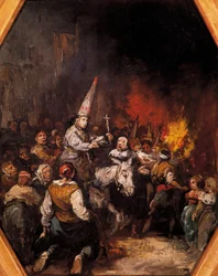 Az inkvizíció által elítéltek. Az elítéltek capirote fejfedőt, hegyes, kúpos kalapot viselnek. Eugenio Lucas Velázquez (1817-1870) festménye, 1862 körül. Prado Múzeum, Madrid